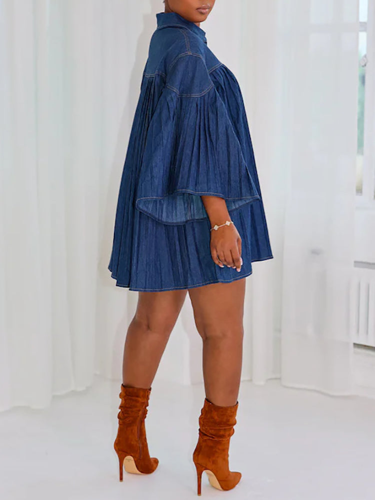 Oversized Denim Pleated A-Line Shirt Dress