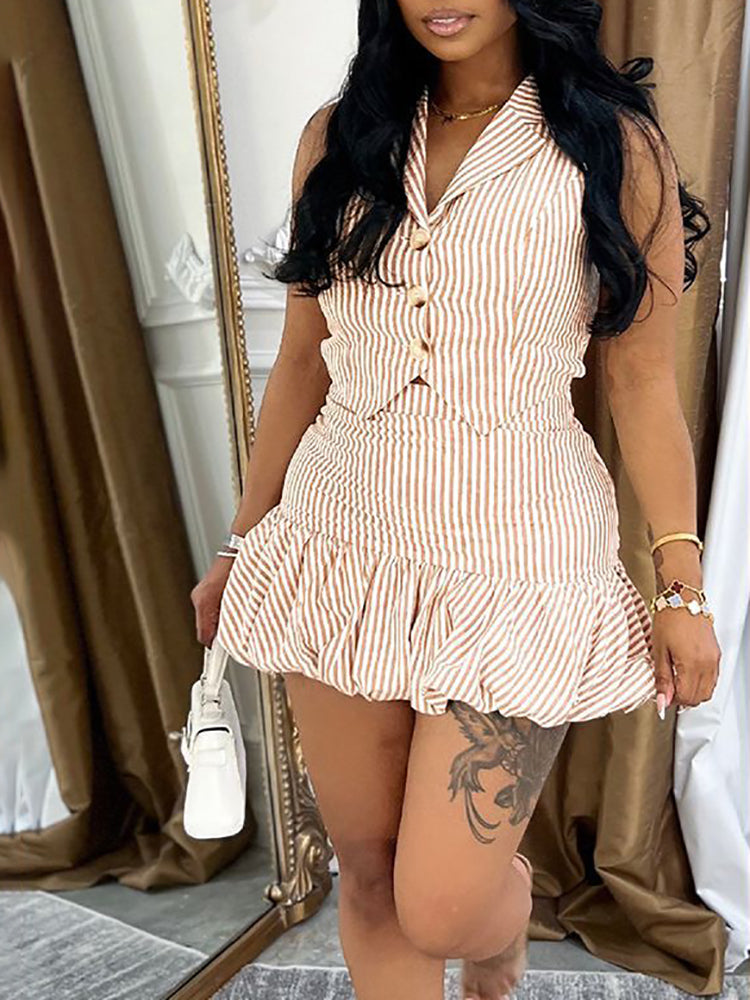 Striped Vest Bubble Skirt Set