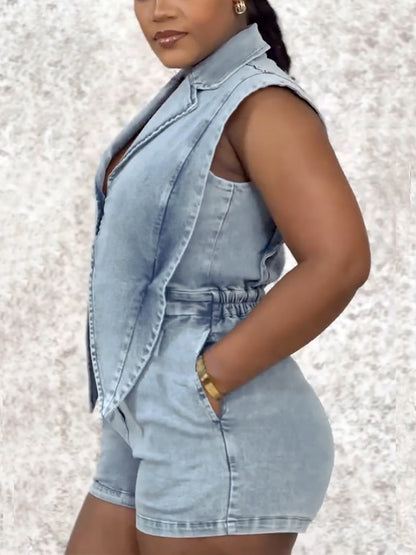Sleeveless Elastic Waist Denim Romper