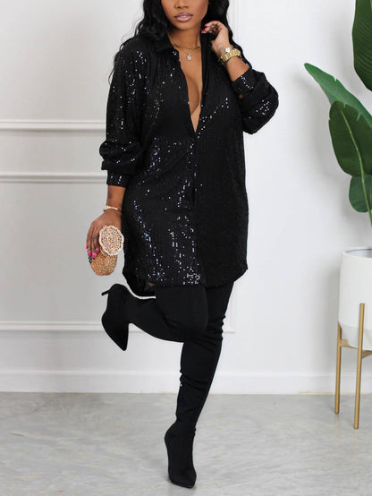 Sequins Long Sleeve Shirts Mini Dress