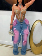 Distressed Gradient Patchwork Wide Leg Jeans
