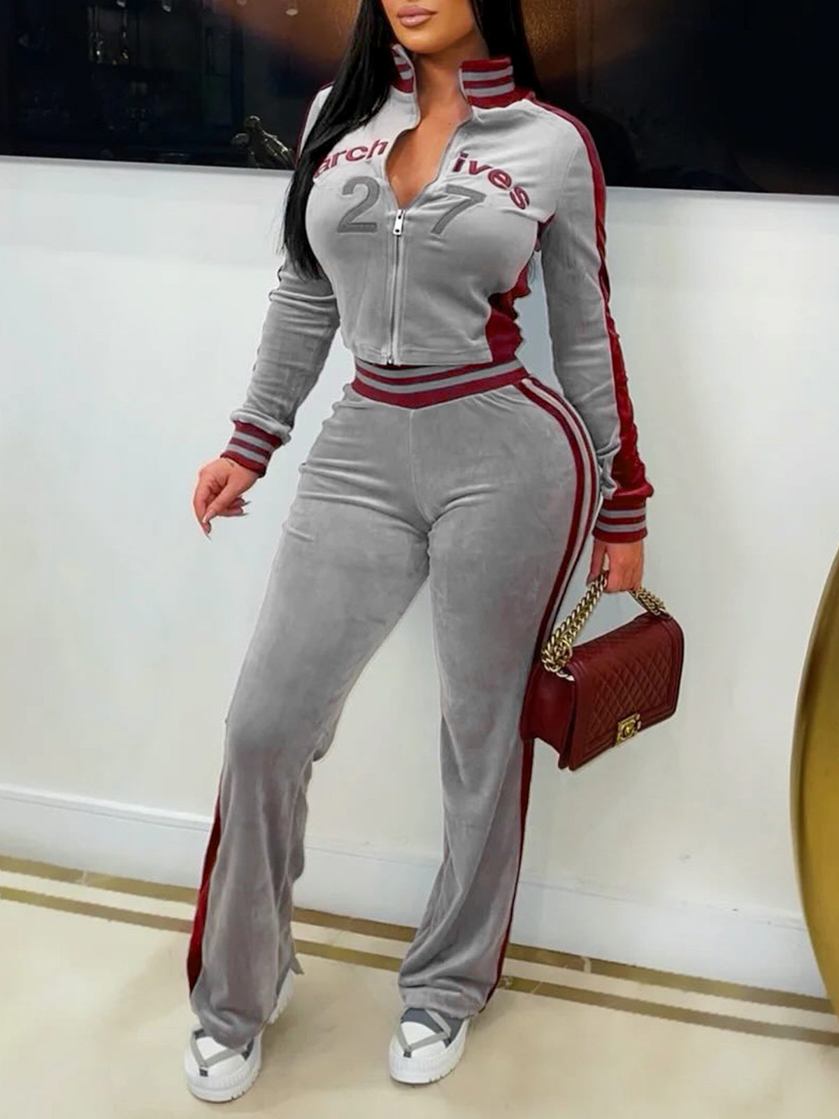 Embroidered Velvet Jacket Flare Pants Set