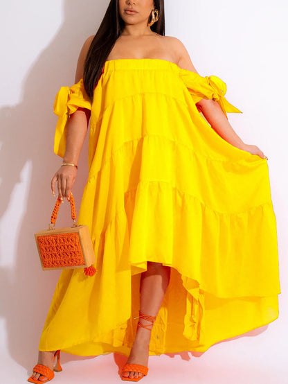 Off Shoulder Ruffle Asymmetric Midi Dress