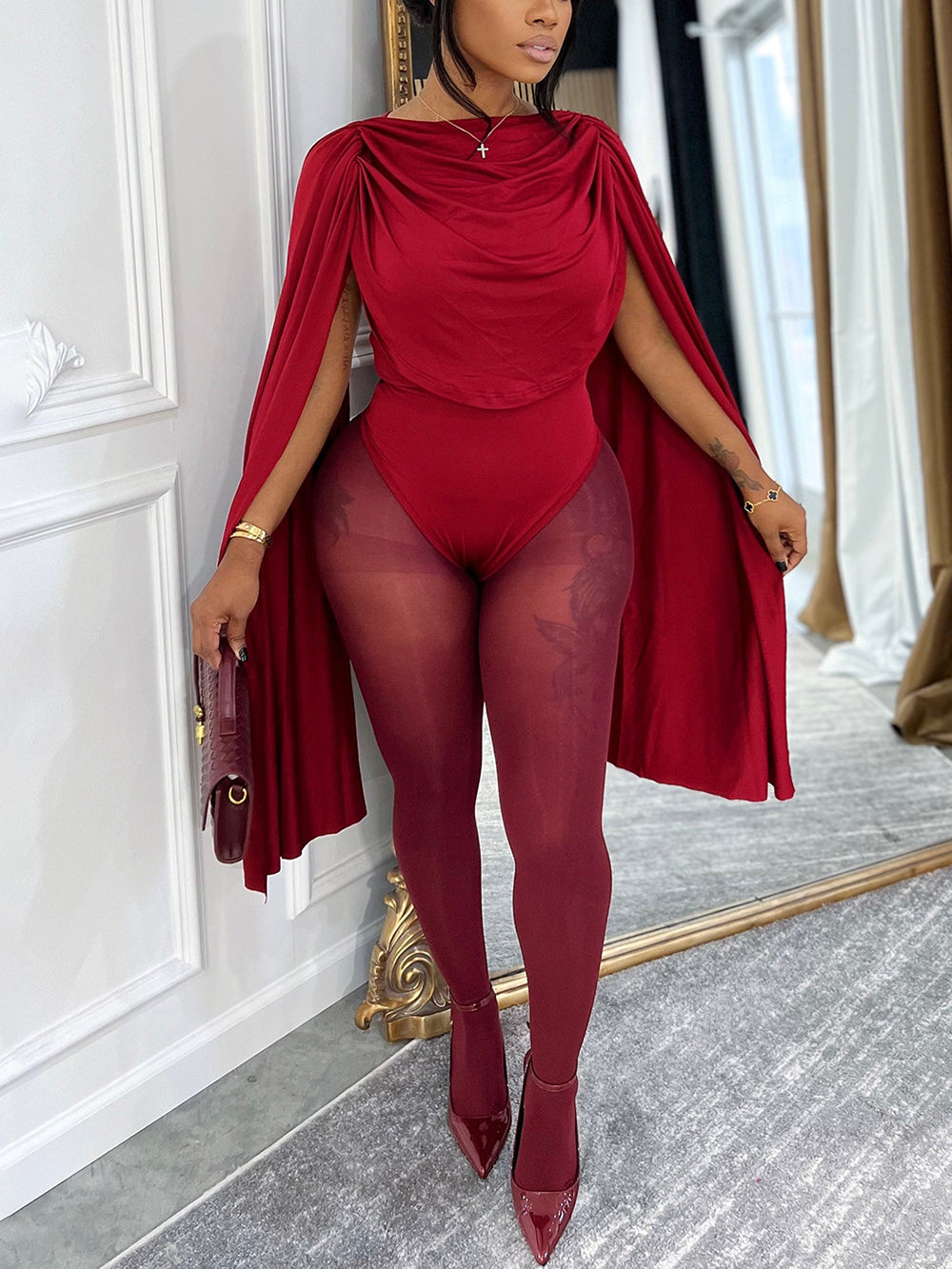 Draped Round Neck Cape Sleeve Romper