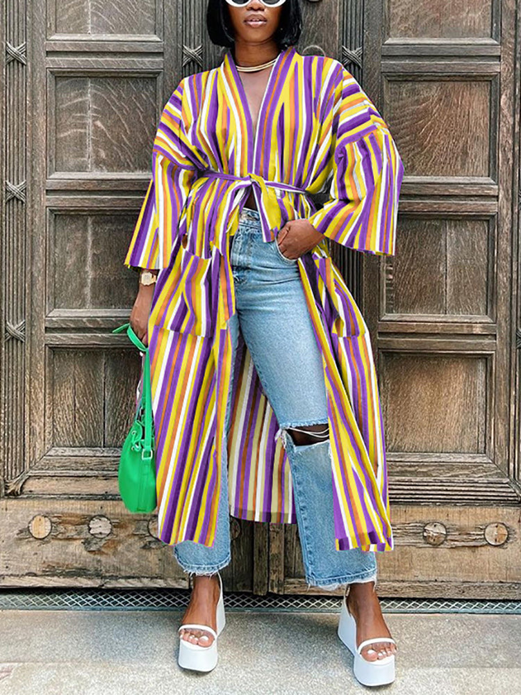 Stripe Belted Pocket Cardigan