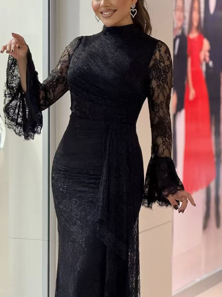 Lace Ruffle Flared Sleeve Maxi Dress