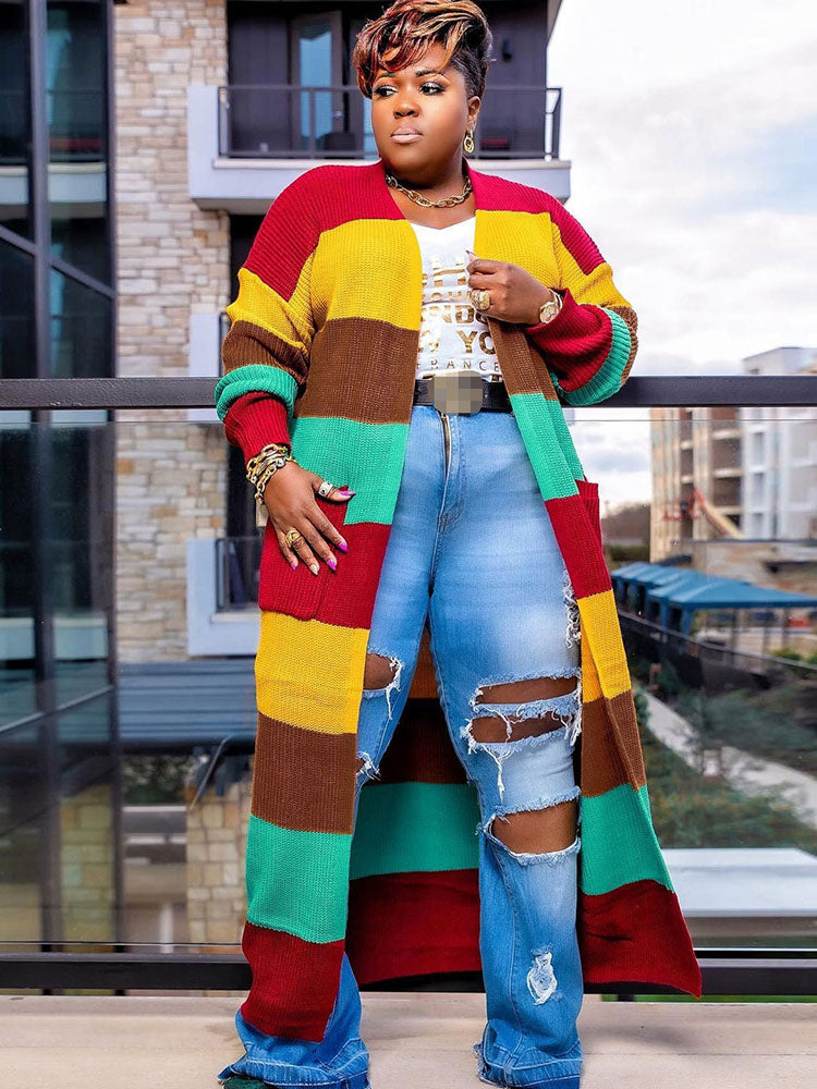 Cárdigan tipo suéter de manga larga con bloques de color de talla grande