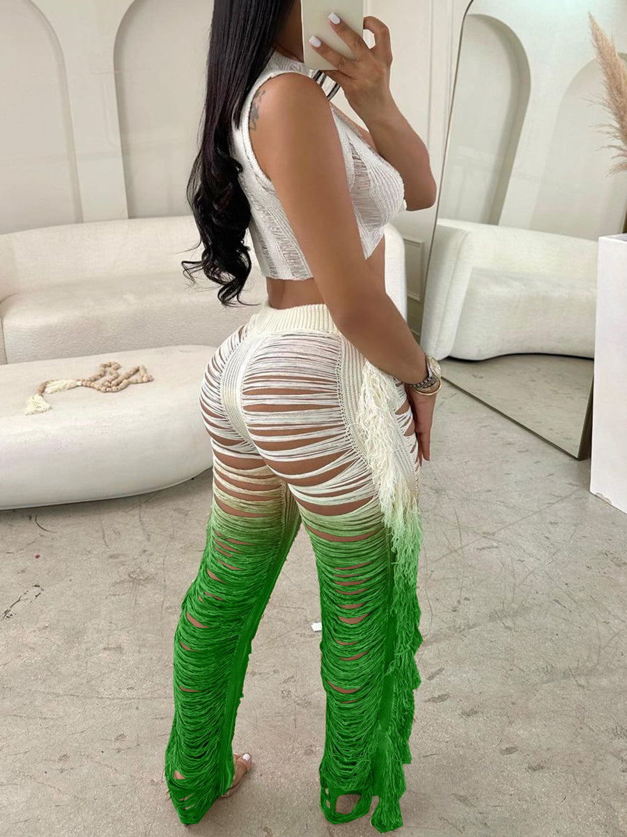 Gradient Crochet Halter Top Fringe Pants Set