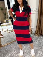 Lapel Stripe Color Block Midi Dress