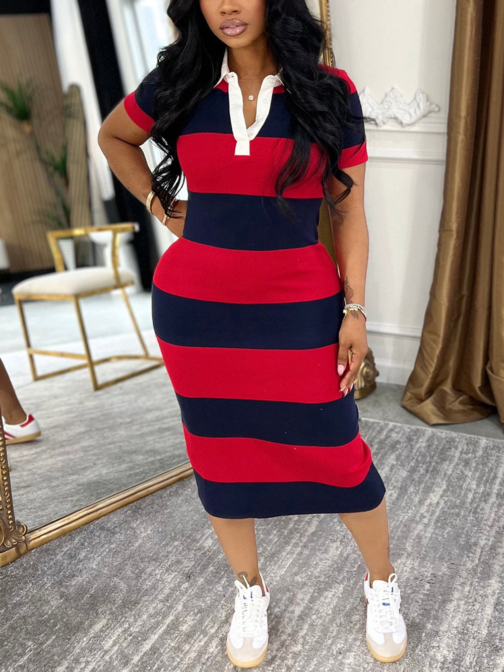 Lapel Stripe Color Block Midi Dress
