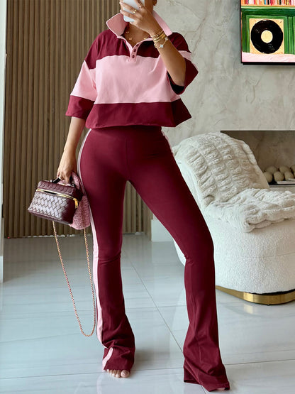 Colorblock Top Flare Pants Set