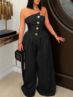 Strapless Button Wide-Leg Jumpsuit
