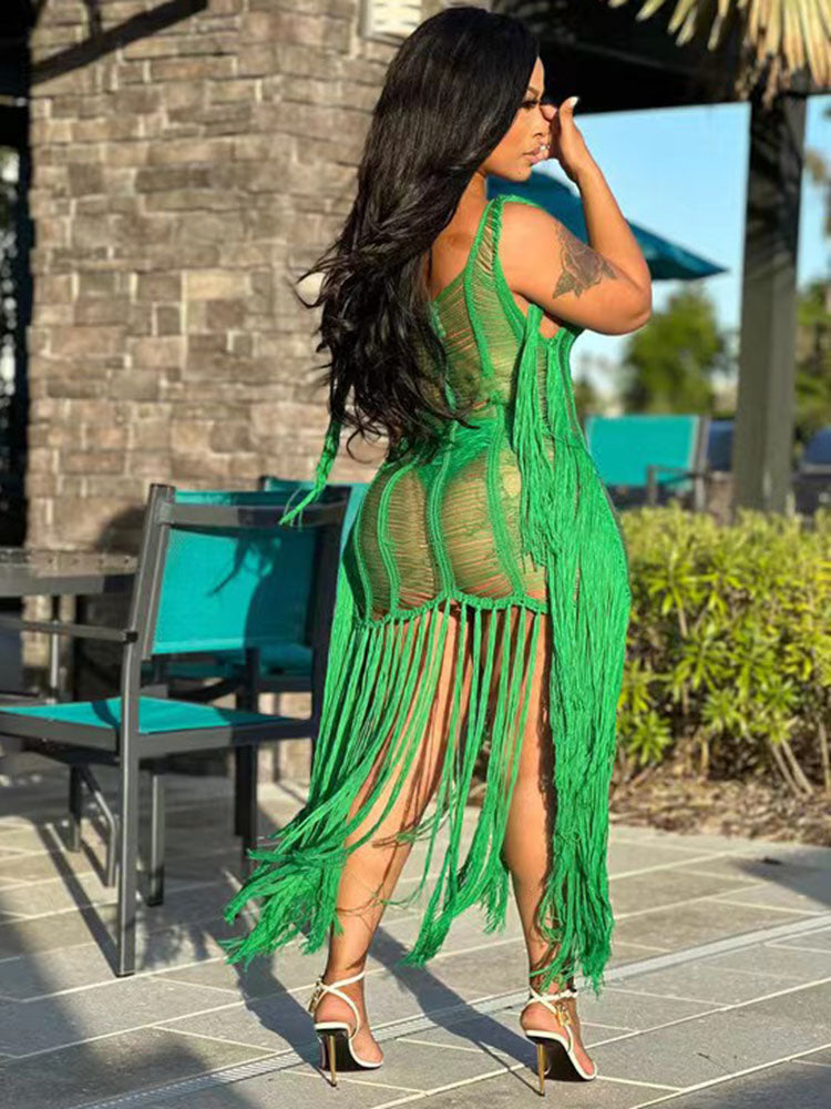 Tassel Hollow Out Fringed Beach Maxi Dress