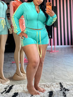 Color Block Zipper Jacket Shorts Set