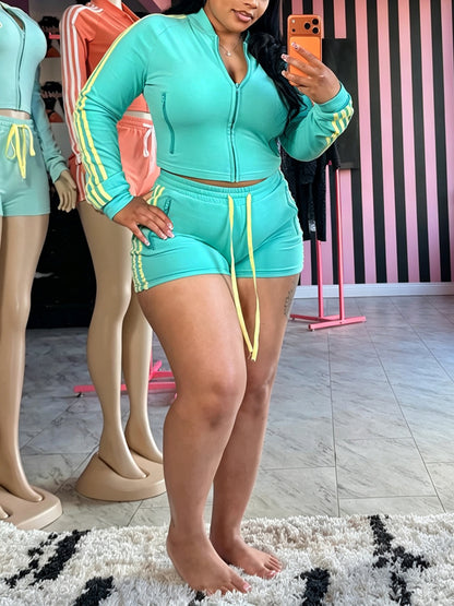 Color Block Zipper Jacket Shorts Set
