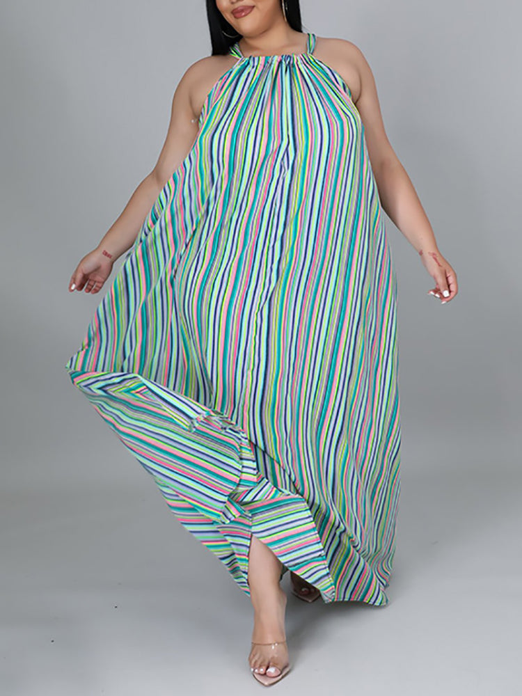 Stripe Halter Plus Size Maxi Dress