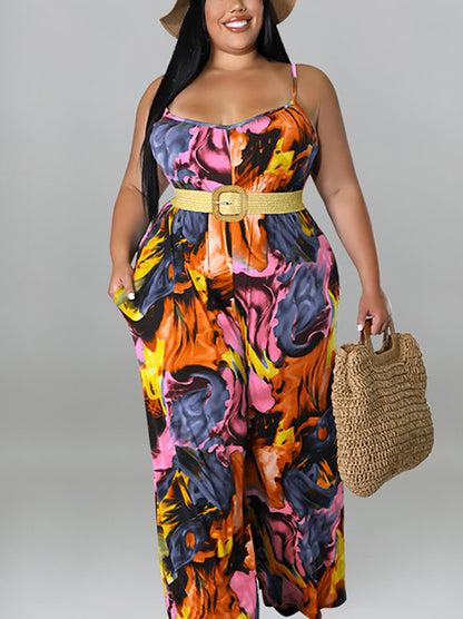 Plus Size Floral Print Strap Jumpsuit with Belt
