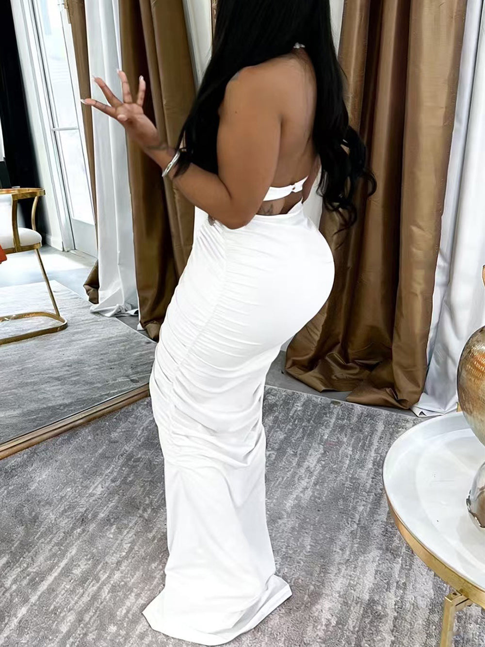 Cutout Halter Backless Ruched Maxi Dress