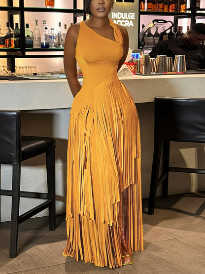 Asymmetric Fringe Sleeveless Maxi Dress