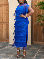 Plus Size Mesh Side Slit Tassel Fringe Dress