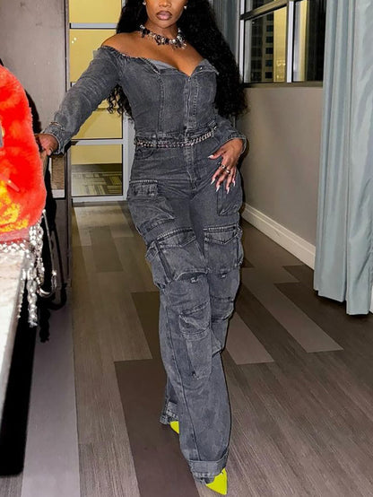 Off-Shoulder Pockets Denim Jumpsuit