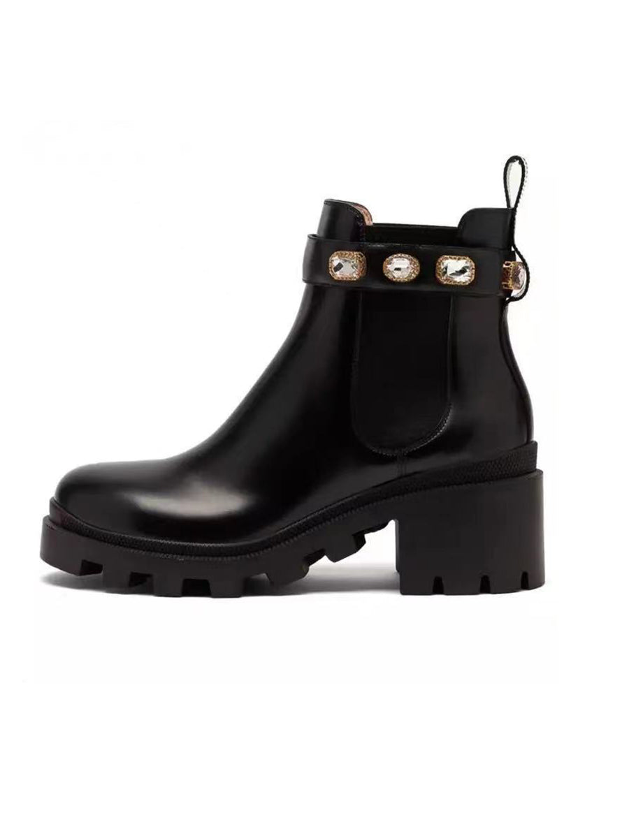 Rhinestone Buckle Platform Chelsea Ankle Boots