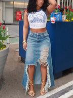 Distressed Denim Slit Maxi Skirt
