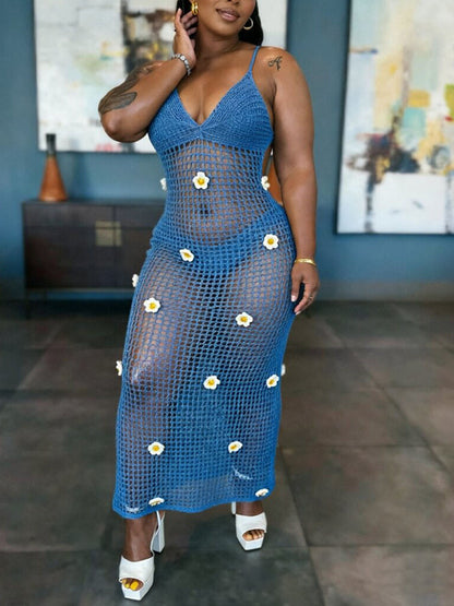 Crochet Flower Halter Backless Dress
