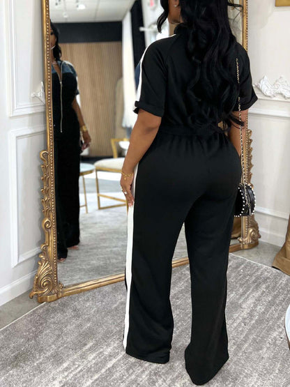 Denim Color Block Zipper Long Jumpsuit