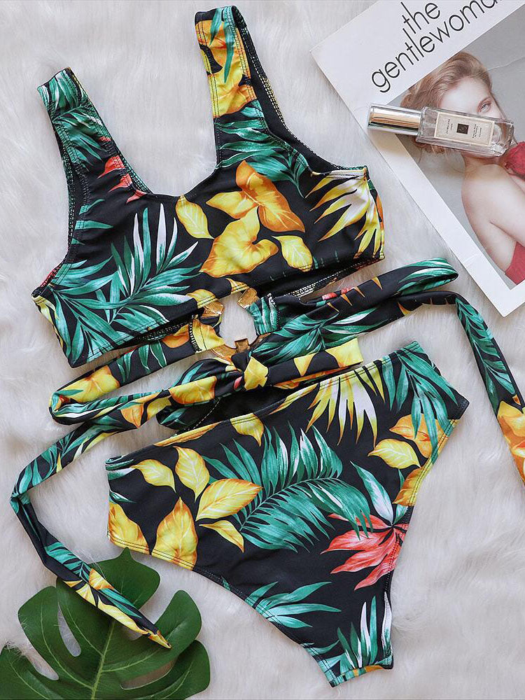 Sleeveless Backless Leaf Print Swimsuit
