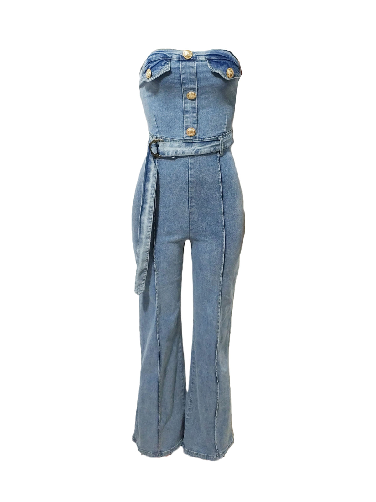Strapless Flared Leg Denim Jumpsuit