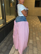 Bow Tie Print Top Denim Plaid Wide-Leg Pants Sets