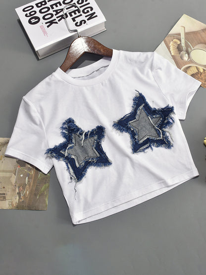 Patchwork Star Cropped Round Neck T-Shirt
