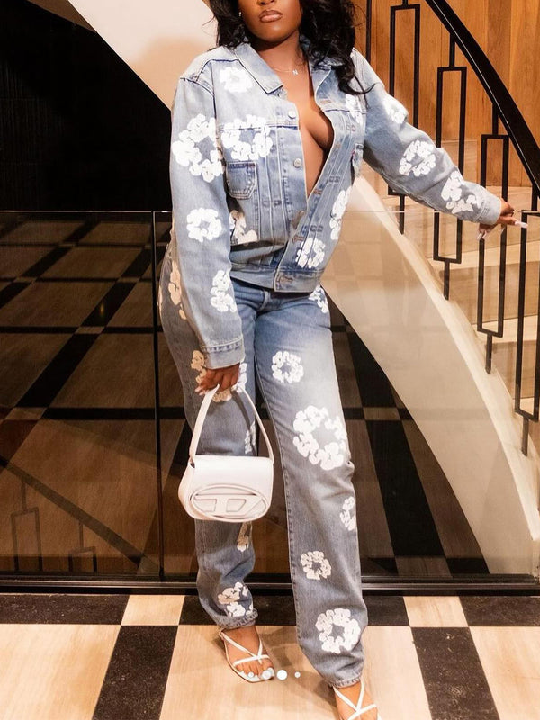 Denim Floral Print Long Sleeve Jacket