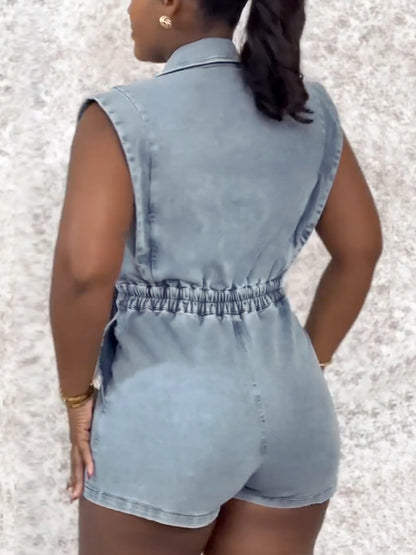 Sleeveless Elastic Waist Denim Romper