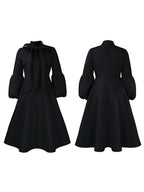 Puff Sleeve Bow-Tie Neck Flared Midi Dress
