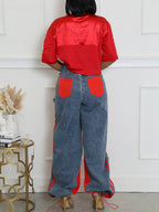 Stripe Patchwork Drawstring Denim Pants
