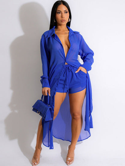 Two Piece Chiffon Long Sleeve Top Shorts