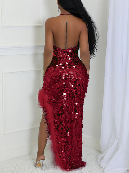 Sequin Halter Backless Feather Trim Dress