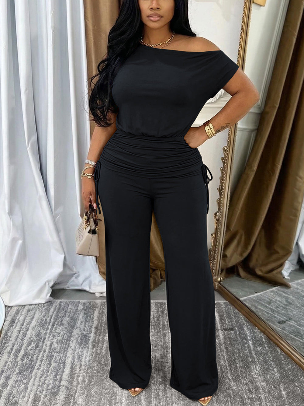 One Shoulder Ruched Wide Leg Pants Set