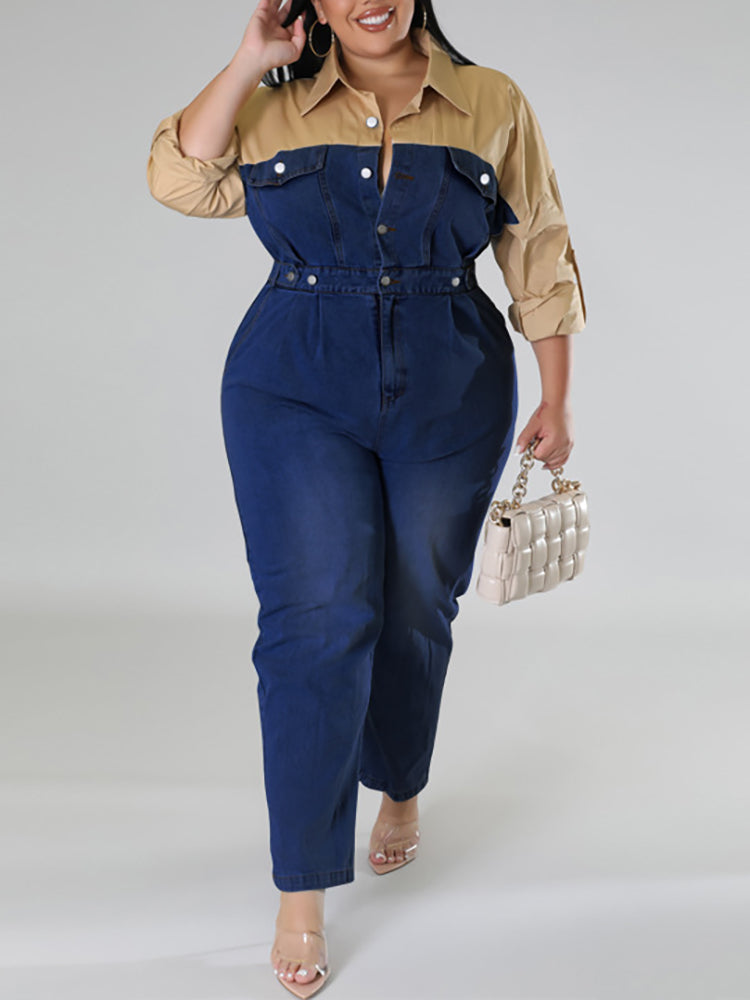 Plus Size Color Block Denim Jumpsuit