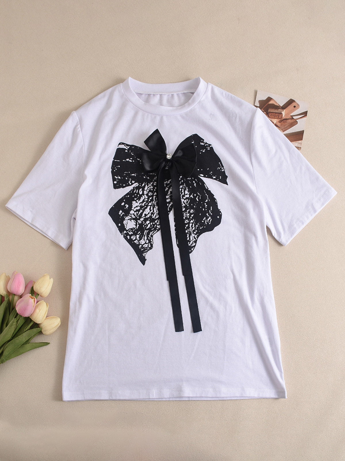 3D Butterfly Print Loose Top & Lace Shorts Set