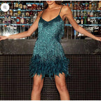 Mini vestidos sin mangas con borlas y lentejuelas con dobladillo de plumas
