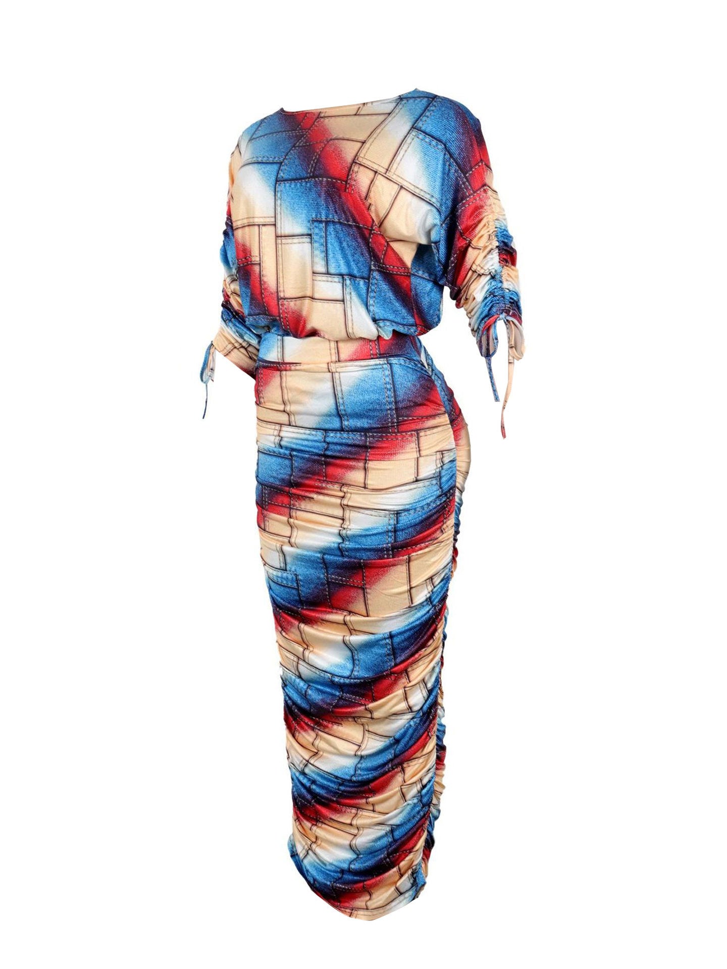 Printed Ruched Long-Sleeve Dress Set