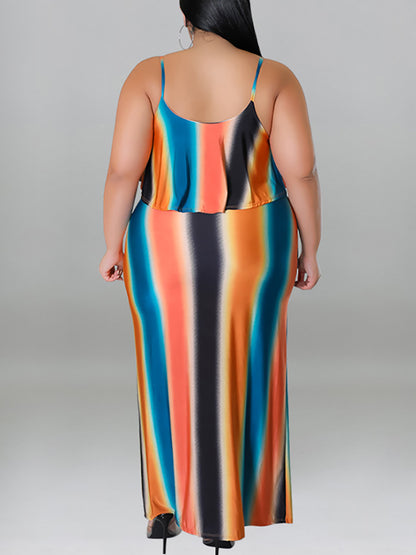 Plus Size Ruffle Strap Rainbow Stripe Print Dress