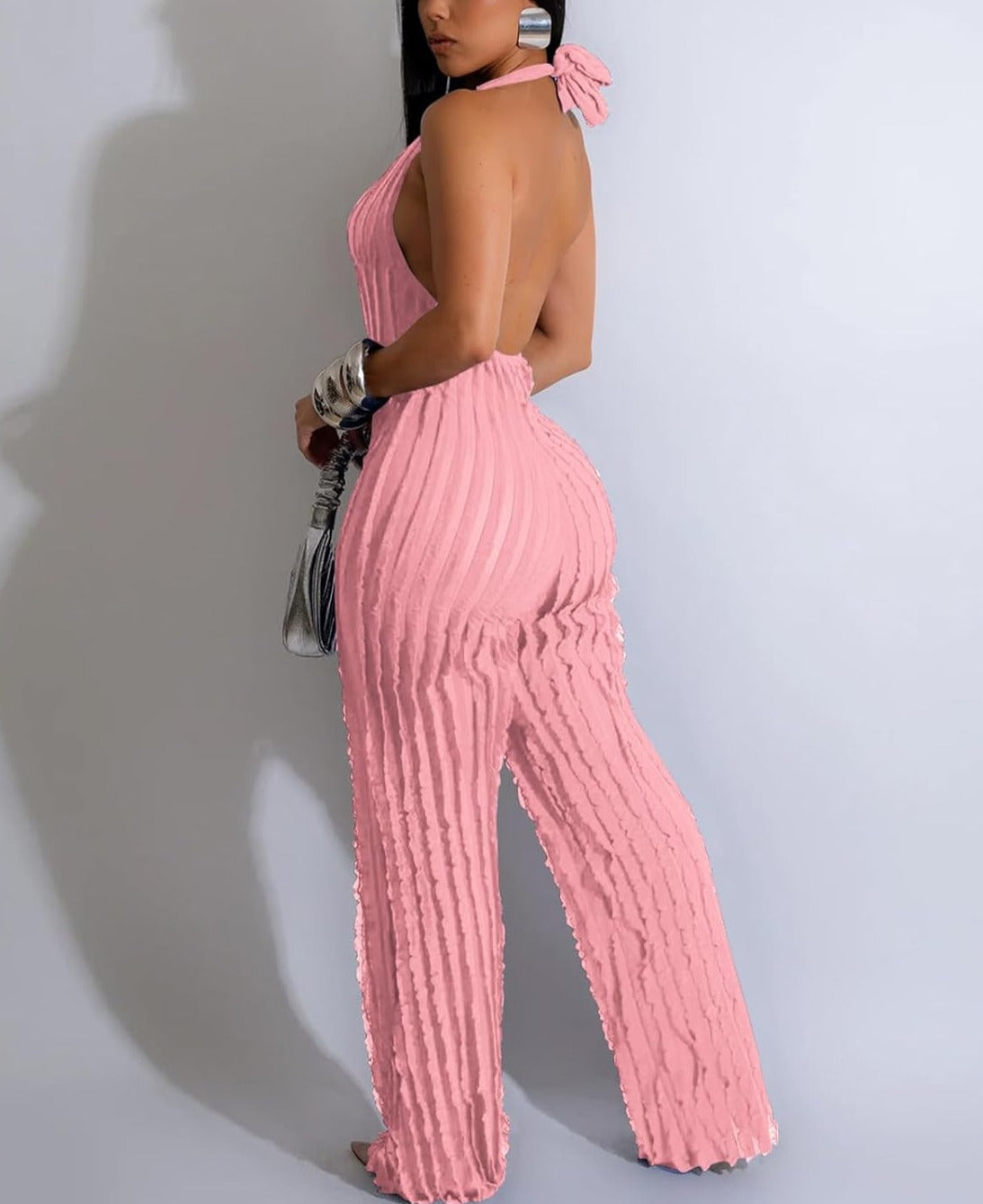 V Neck Pleated Halter Wide Leg Jumpsuit