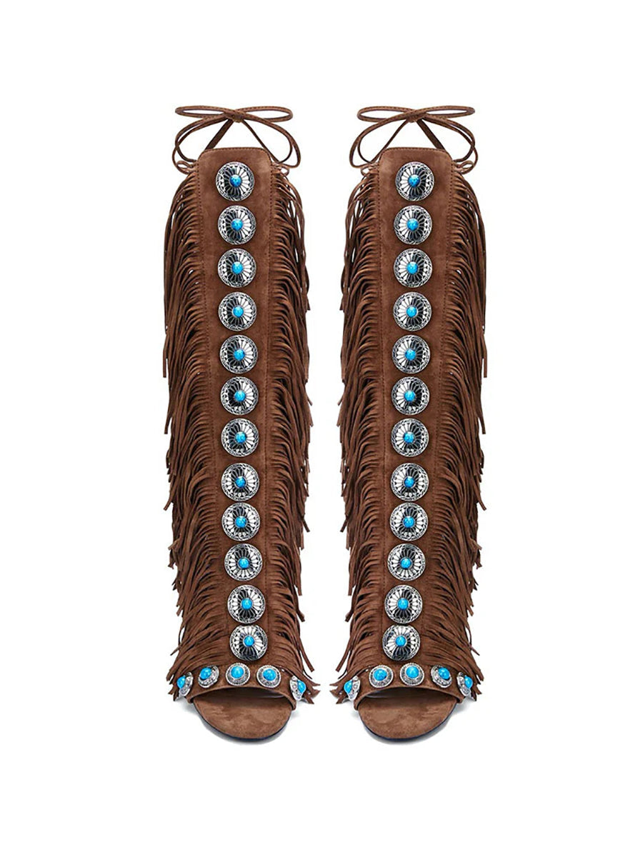 Boho Gemstone Lace-Up Fringe Heeled Sandals