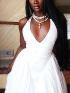 Elegant Halter Neck Solid Color Dress