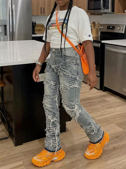 Distressed Layered Fringe Straight Leg Jeans