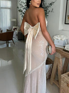 Strapless Bow Tie Back Sequin Maxi Dress